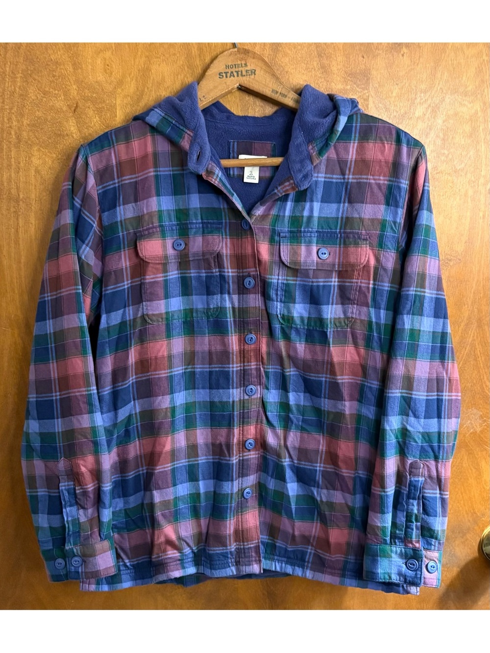 L.L. Bean Women's Blue Plaid Fleece Lined Flannel Hoodie Shirt Shacket Gorpcore
